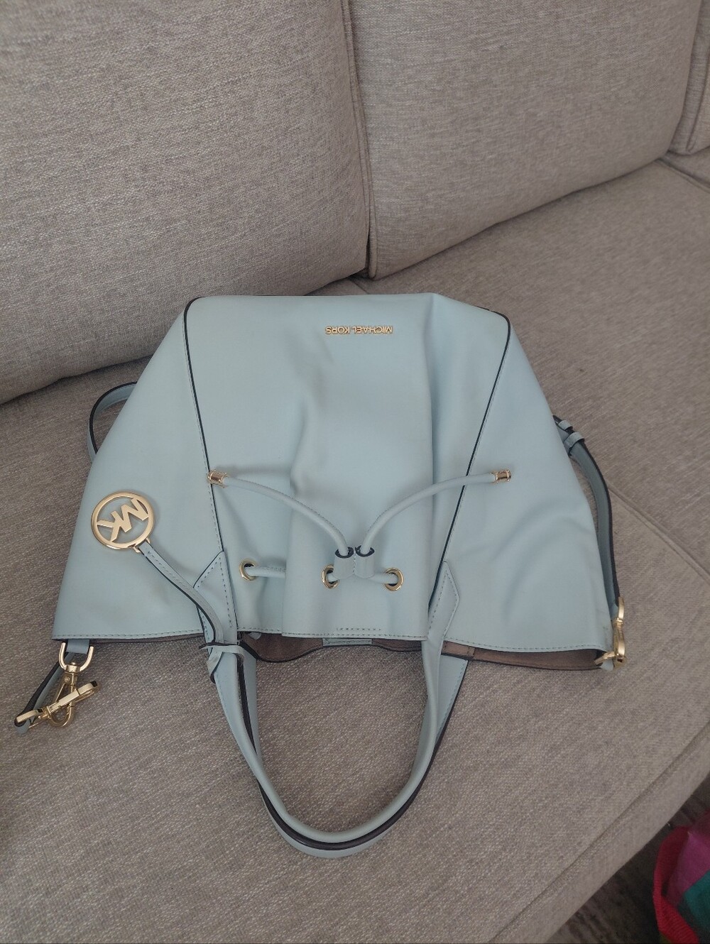 Michael Kors Phoebe Blue Drawstring Tote with Gold Hardware - Picture 12 of 12